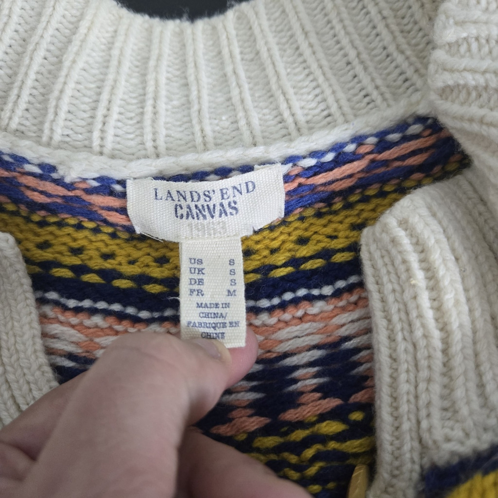 Lands End Canvas Womens Fair Isle Lambswool Cardigan Small Cream Preppy Heritage - Picture 4 of 7